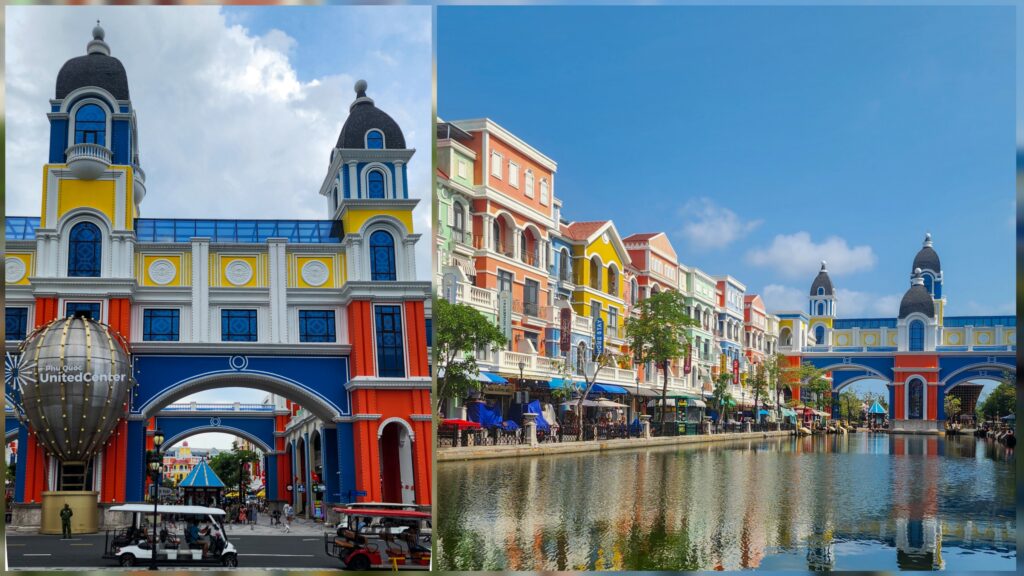 Colorful waterfront buildings at Grand World Phu Quoc