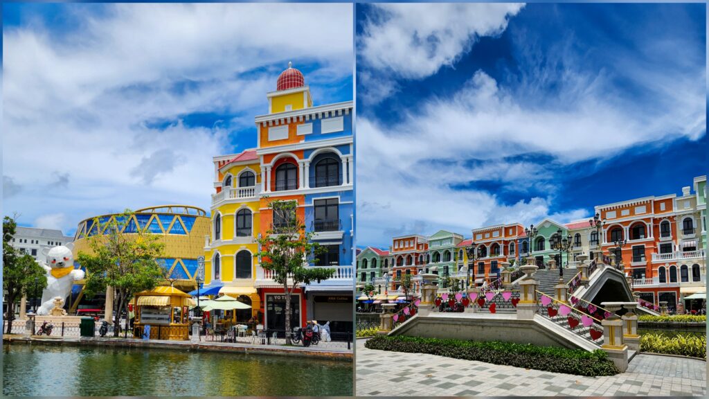 Colorful buildings and performance area at Grand World Phu Quoc