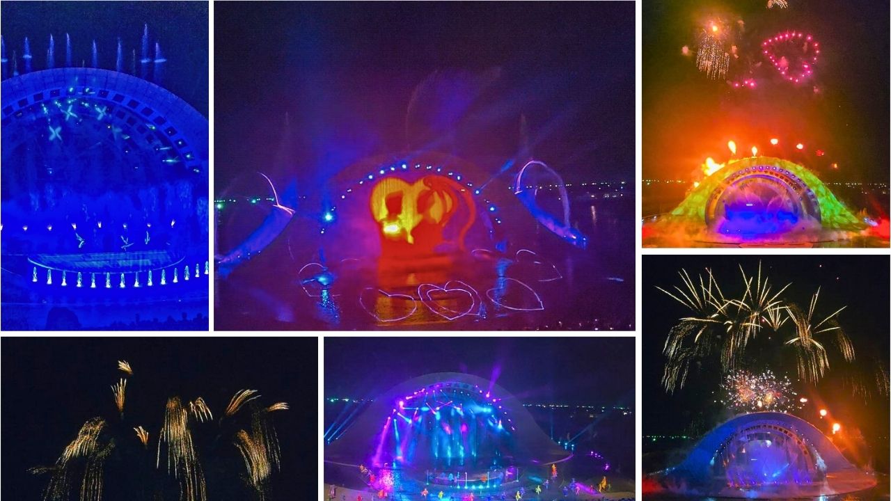 Kiss of the Sea show in Sunset Town Phu Quoc with colorful lights, water effects, fire, lasers and fireworks over the evening stage