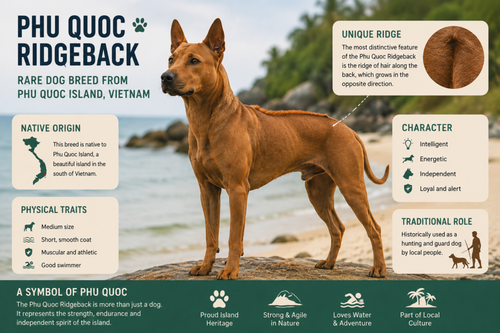 Phu Quoc Ridgeback dog breed infographic with unique ridge and island origin