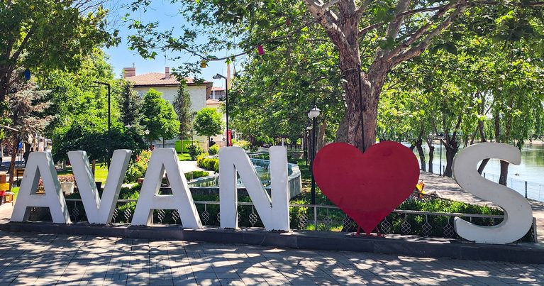 Avanos sign with a red heart in Cappadocia, Turkey