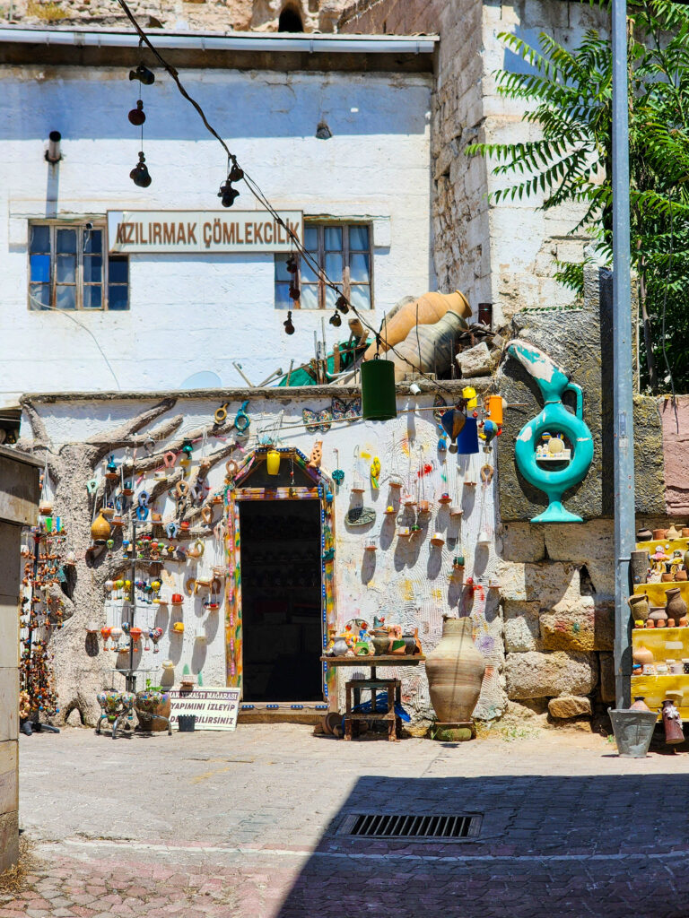 Traditional pottery displayed outside a shop in Avanos, Cappadocia