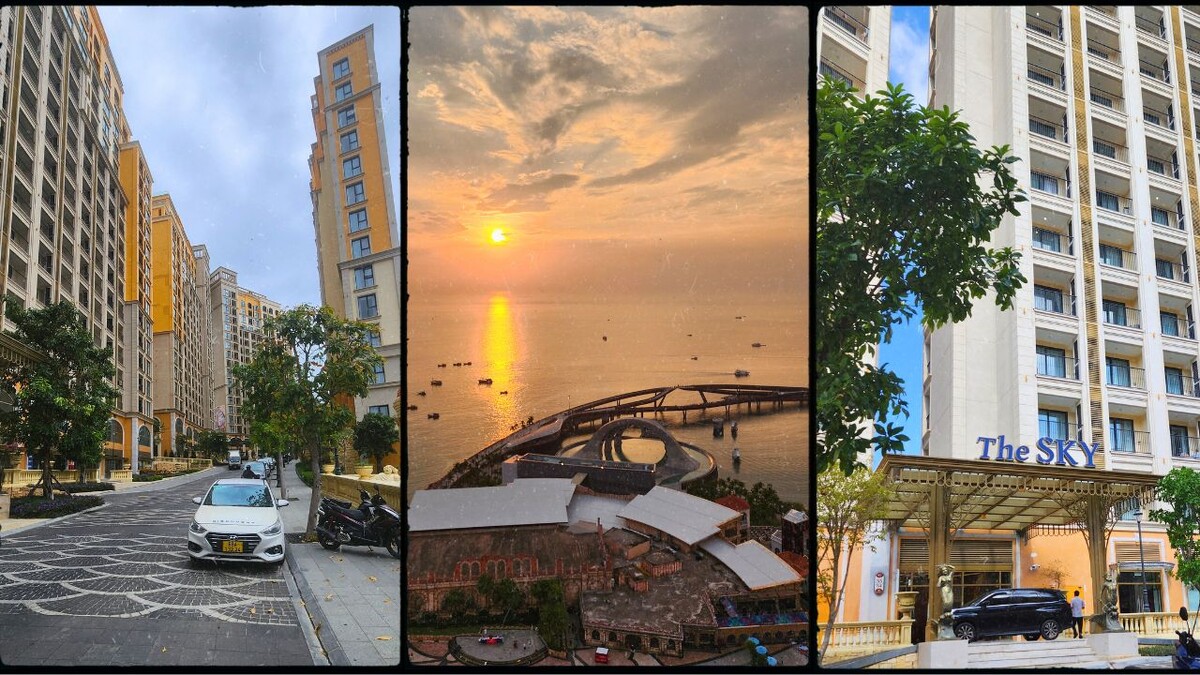 Collage of the Hillside condo street, an aerial sunset view of Kiss Bridge, and The Sky building entrance in Sunset Town, Phu Quoc
