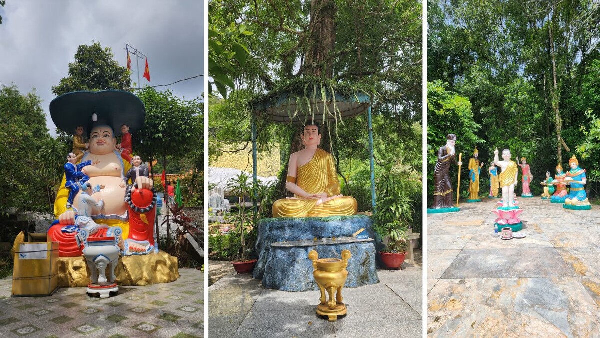 Collage of decorative statues at Su Muon Pagoda: a large smiling Happy Buddha statue with child figures, a golden seated Buddha under a shaded canopy, and a colorful tableau of Buddha figures in the forest