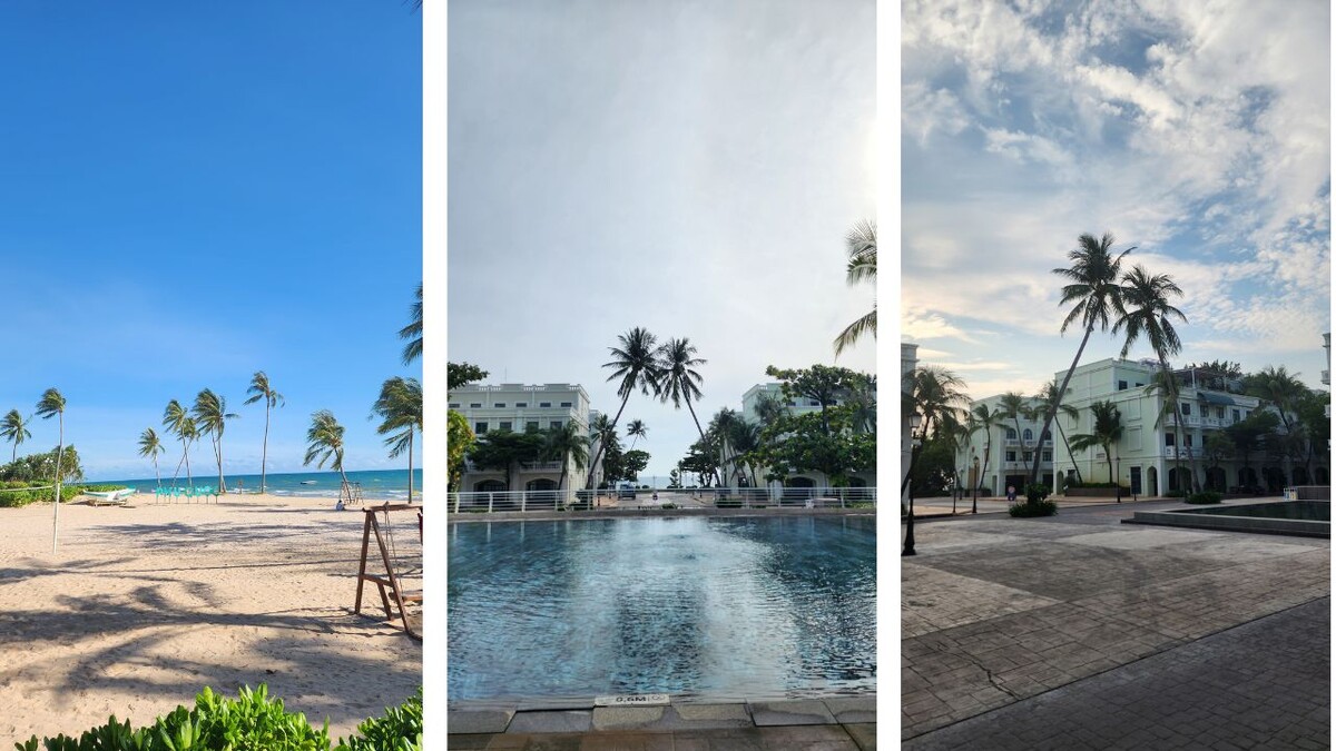 Collage of Long Beach with a volleyball net and boats, a resort pool framed by white colonial-style buildings, and a paved plaza with palm trees at Phu Quoc Marina
