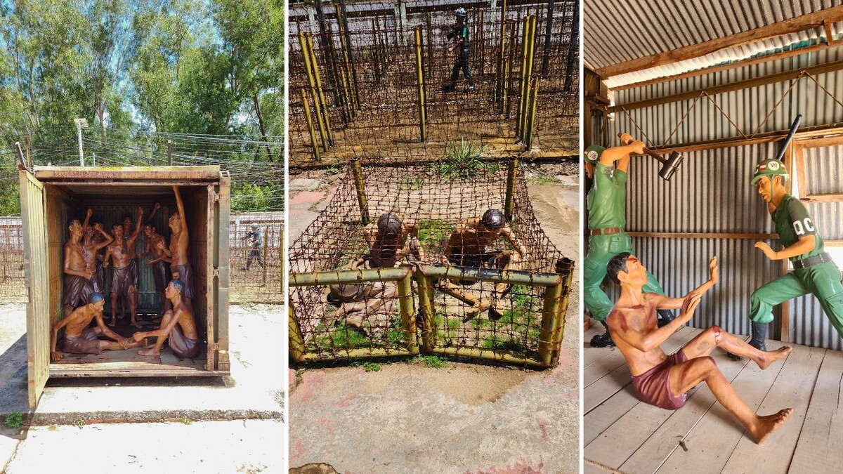 Museum mannequin reconstructions at Phu Quoc Prison depicting prisoners held in a cramped metal shipping container, in a barbed-wire tiger cage, and being punished by a guard figure