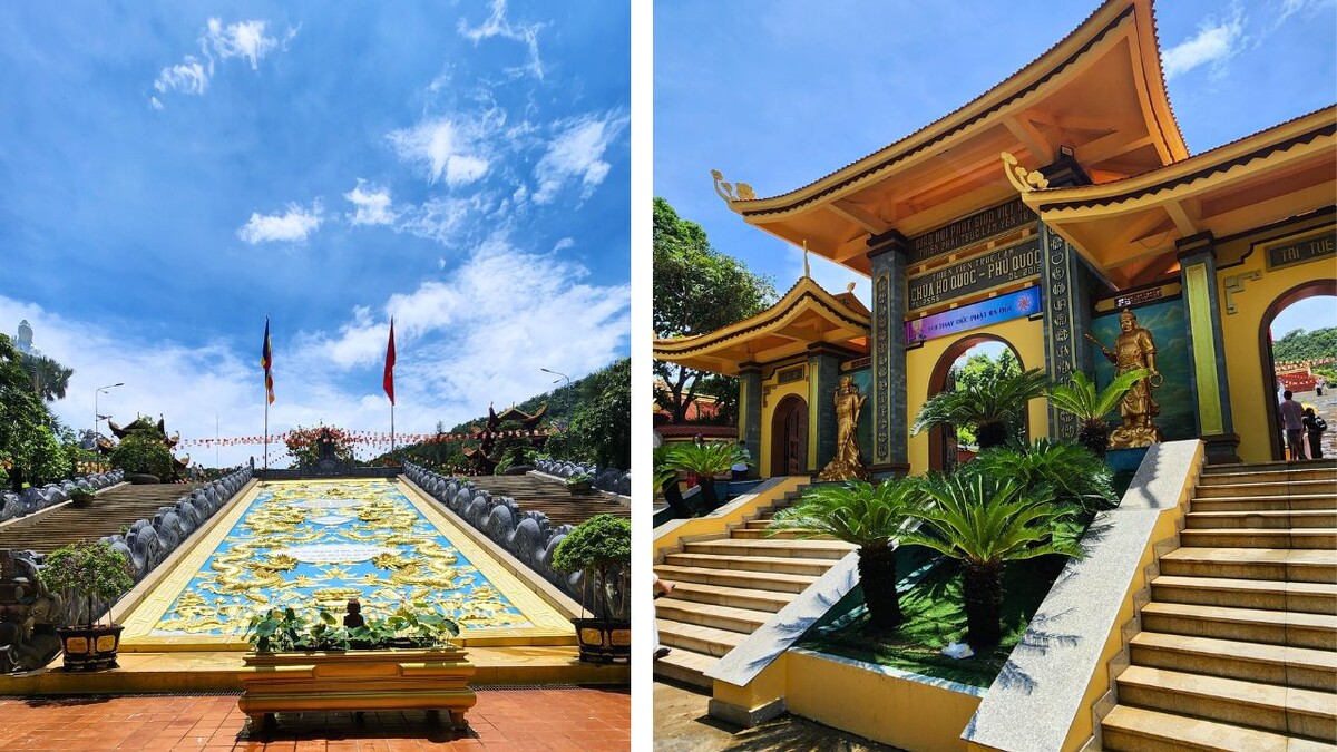 Collage of a golden dragon mosaic walkway leading toward a distant Buddha statue, and the Tam Quan entrance gate of Chua Ho Quoc Phu Quoc with golden guardian statues