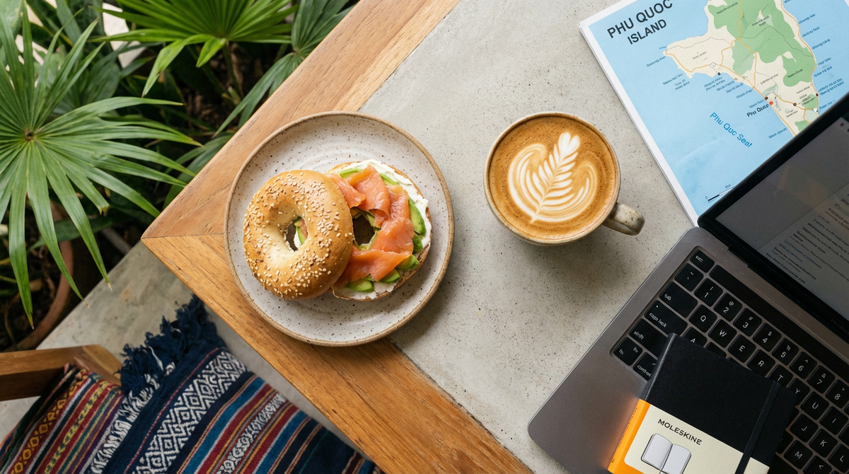 Overhead view of a bagel with smoked salmon, a latte with leaf art, a Phu Quoc island map, and a laptop on a cafe table