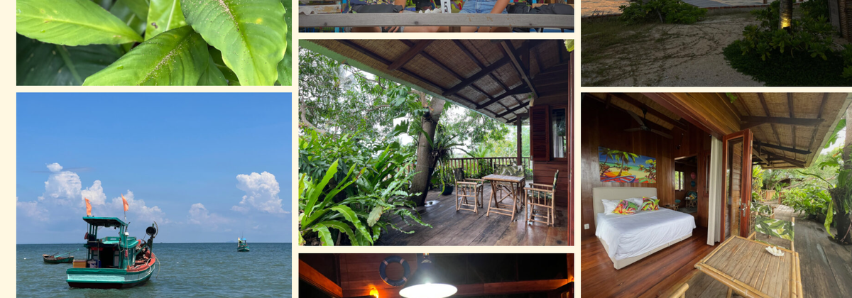 Collage of a wooden bungalow deck, a fishing boat at sea, a tropical-themed bedroom, and a lantern-lit path at Rory's Beach Bar, Phu Quoc