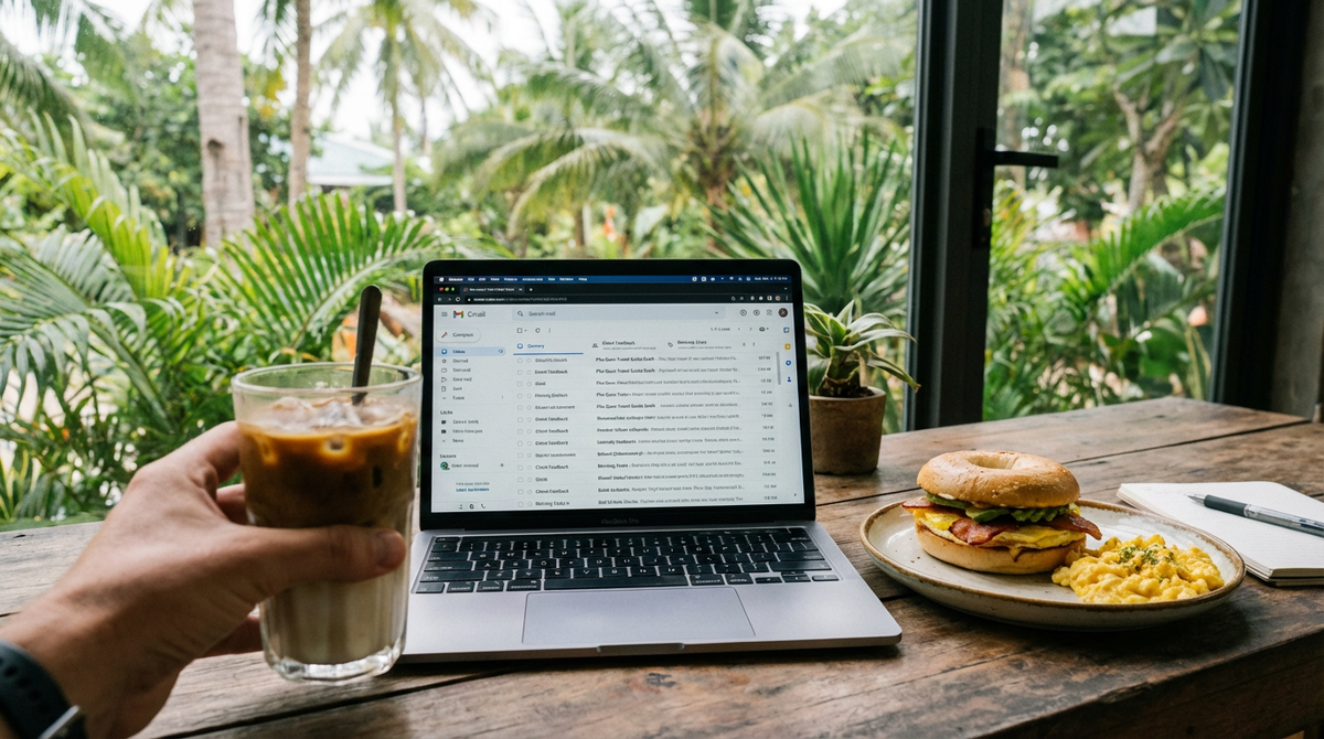 Hand holding an iced coffee next to a laptop and a breakfast plate on a cafe table overlooking green palm trees on Phu Quoc