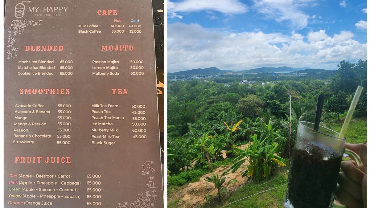 Drinks menu board and an iced coffee overlooking the hills at My Happy Coffee on Phu Quoc