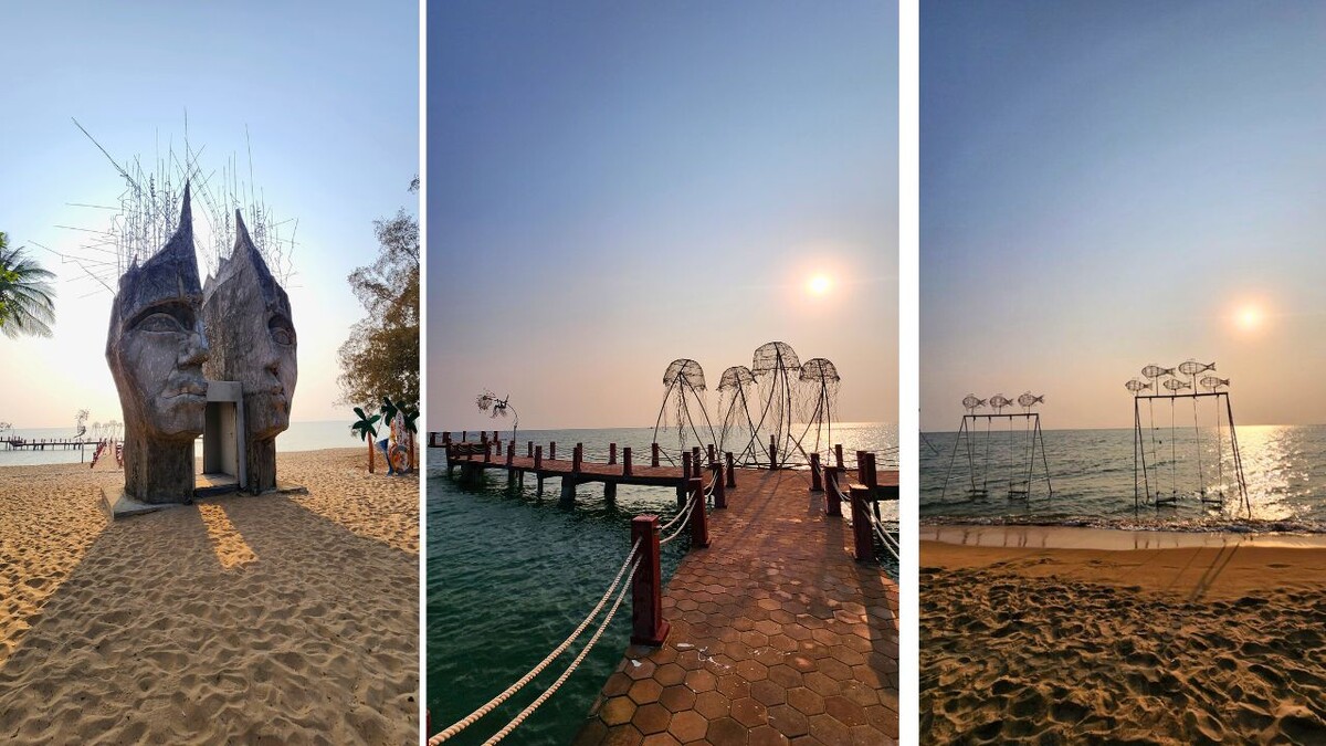 Collage of a giant split-face archway sculpture, the jellyfish sculpture pier, and fish-shaped swing sculptures on the beach at sunset at Sanato Beach, Phu Quoc