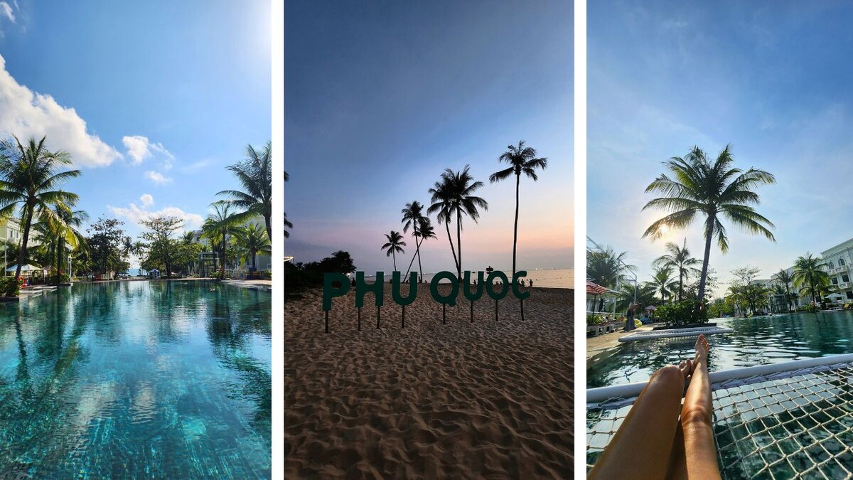 Collage of a terraced resort pool with palm trees, a wooden Phu Quoc sign on the beach at dusk, and a hammock view over a pool at Phu Quoc Marina