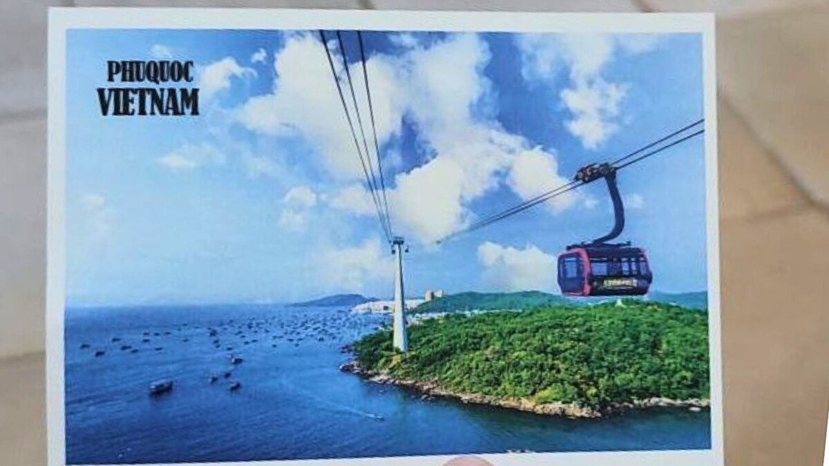 Souvenir postcard showing the Hon Thom cable car over the sea on Phu Quoc
