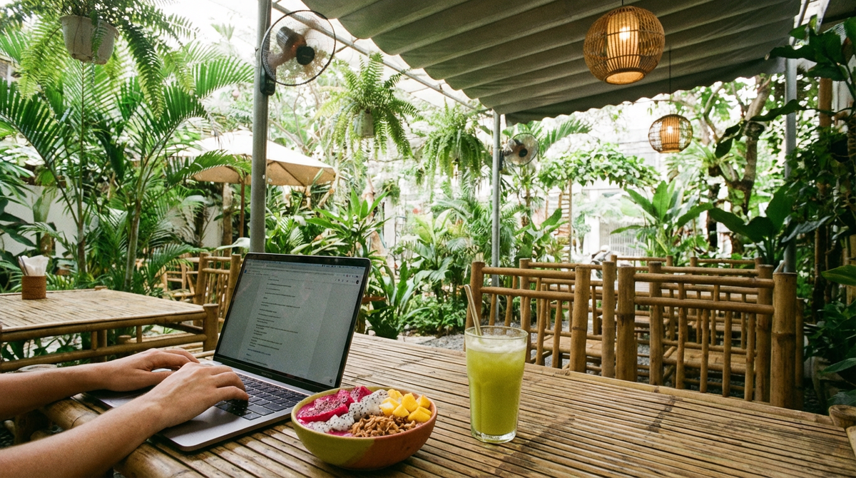 Laptop and a dragon fruit smoothie bowl on a bamboo table in a green garden cafe on Phu Quoc