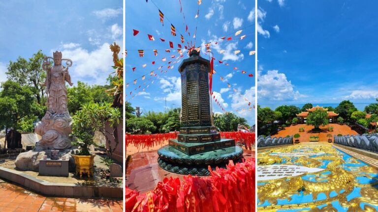 View from Ho Quoc Pagoda's upper terrace over a golden dragon mosaic floor toward the entrance gate and the sea beyond