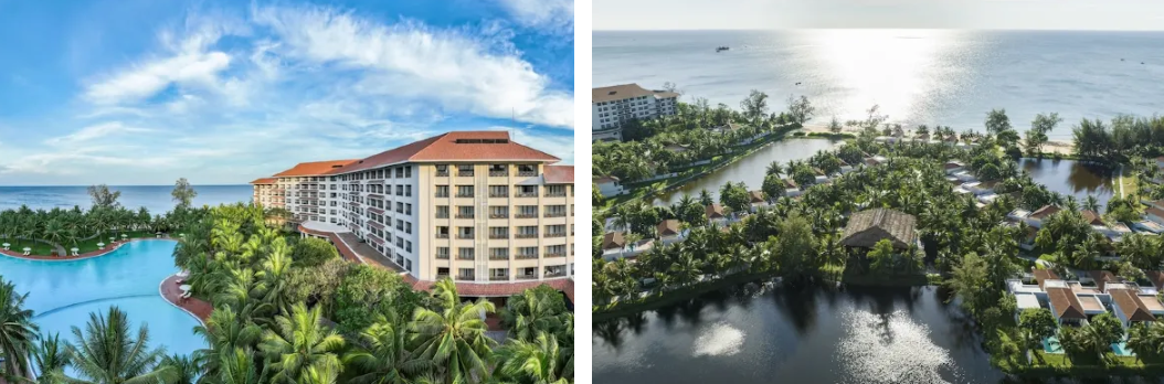 Aerial view of the main Vinpearl Resort building beside its pool and the sea, and villas along canals near the shoreline