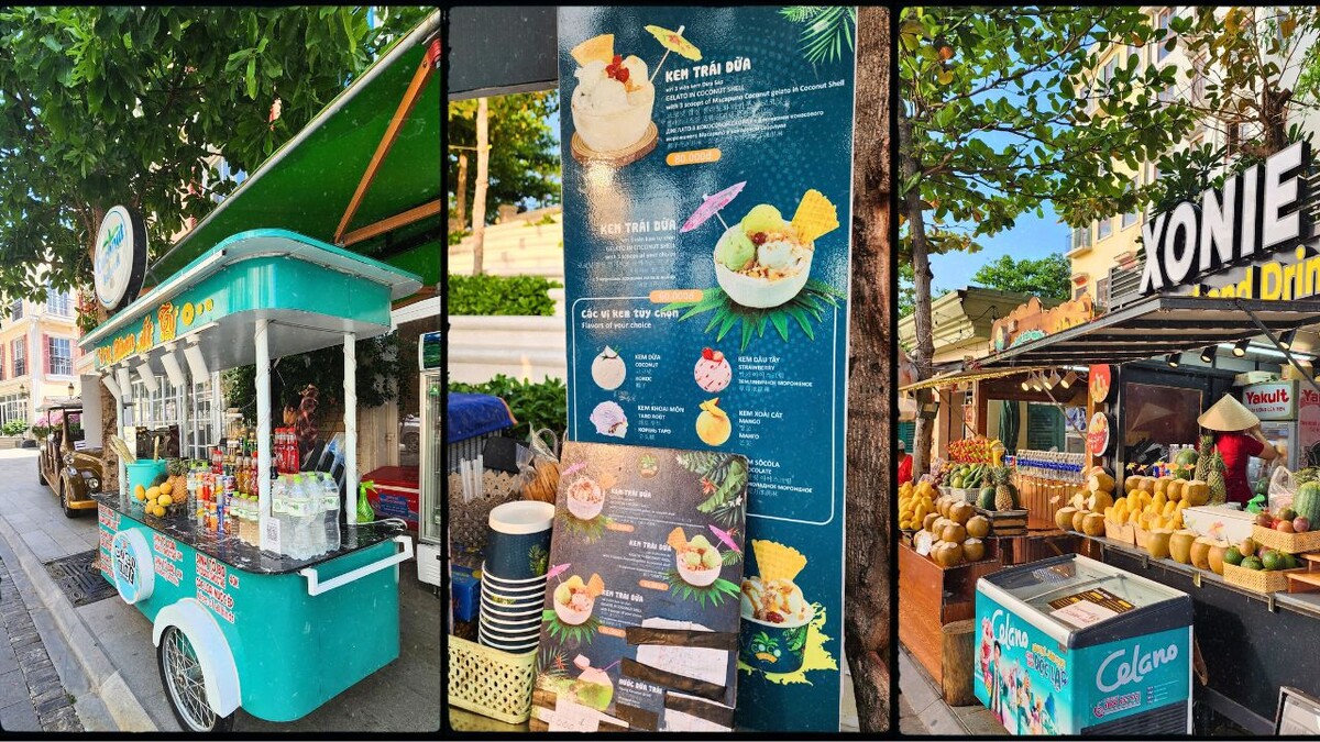 Collage of a teal street food cart, a coconut ice cream menu board, and a fruit and drink stand at Vui-Fest Bazaar, Sunset Town, Phu Quoc
