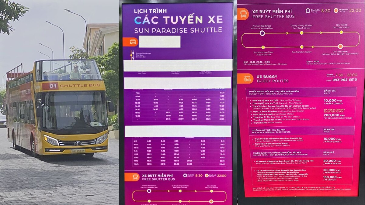 Open-top yellow shuttle bus and posted schedule boards for the free shuttle bus and buggy routes in Sunset Town, Phu Quoc