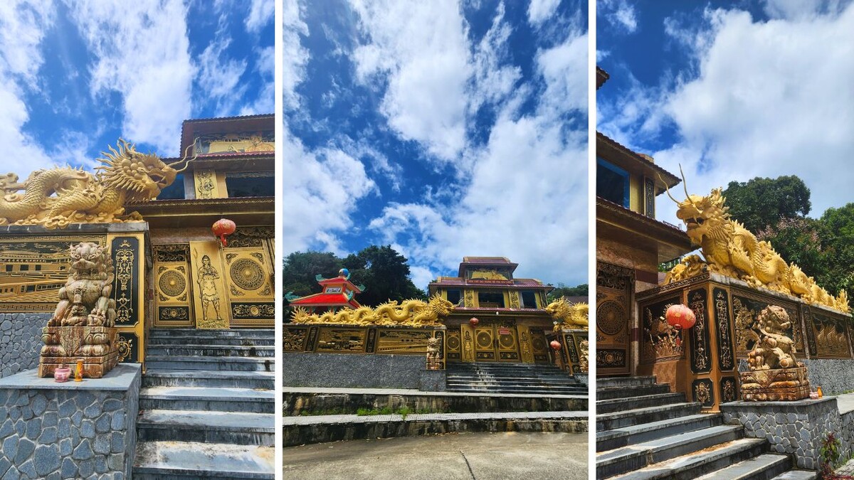 Gilded dragon carvings and the entrance steps of Dinh Ba Le Kim Dinh temple on Phu Quoc
