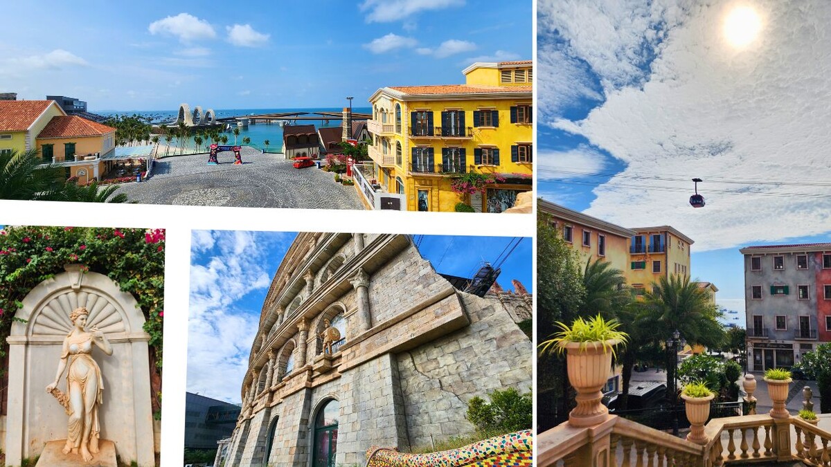 Collage of the Kiss Bridge plaza, a classical statue, faux-ruin architectural detail, and the cable car passing over colorful buildings in Sunset Town, Phu Quoc