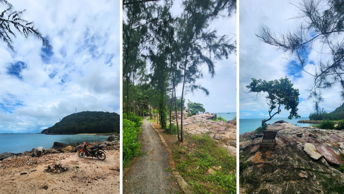 A scooter parked on a rocky beach along a coastal path near Hang Yen, Phu Quoc
