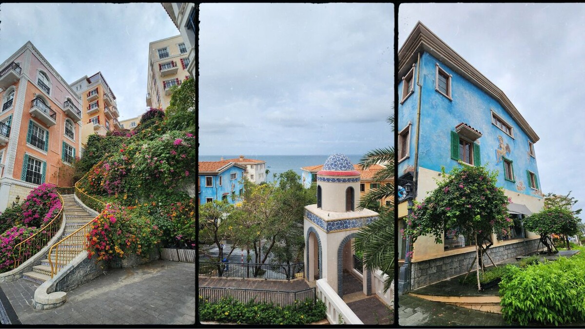 Collage of a flower-covered spiral staircase, colorful Mediterranean buildings with a domed tower, and a blue building with murals in Sunset Town, Phu Quoc