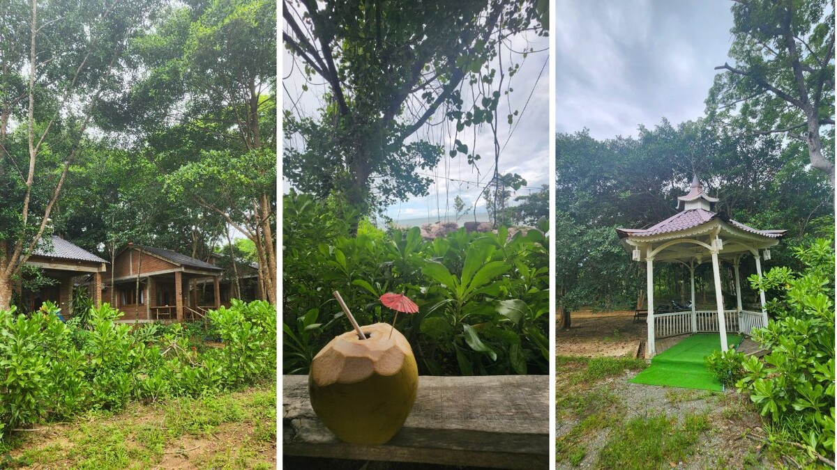 Wooden bungalows and a garden gazebo at An Yen Eco Resort, Phu Quoc