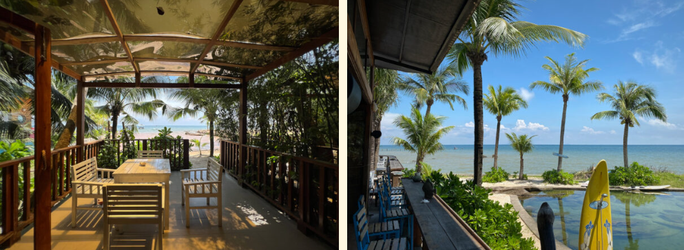 Wooden deck terrace under palm trees looking out toward the sea, and a bar-side view over an infinity-edge rock pool at Rory's Beach Bar, Phu Quoc