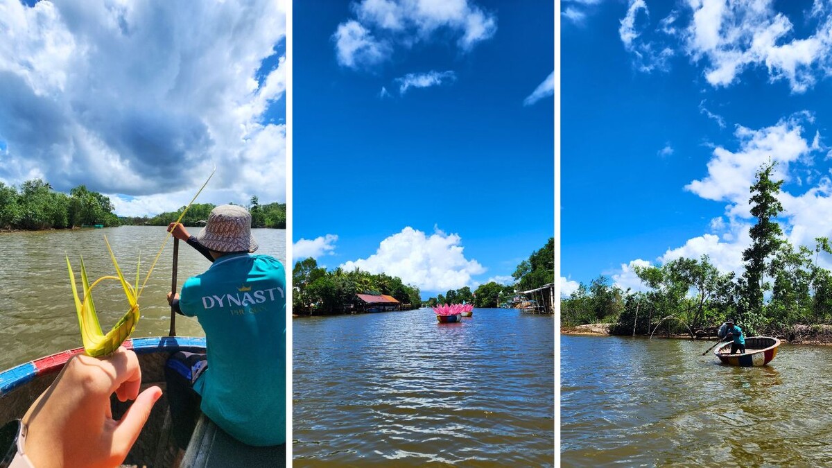 A guide paddling a round basket boat on the Cua Can River, decorative pink lotus boats, and a coracle boat drifting past mangroves