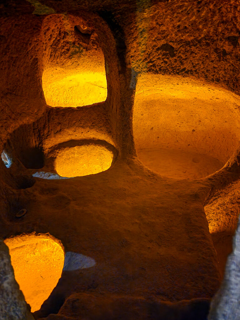 Rock-cut rooms and narrow passages inside Kaymaklı Underground City