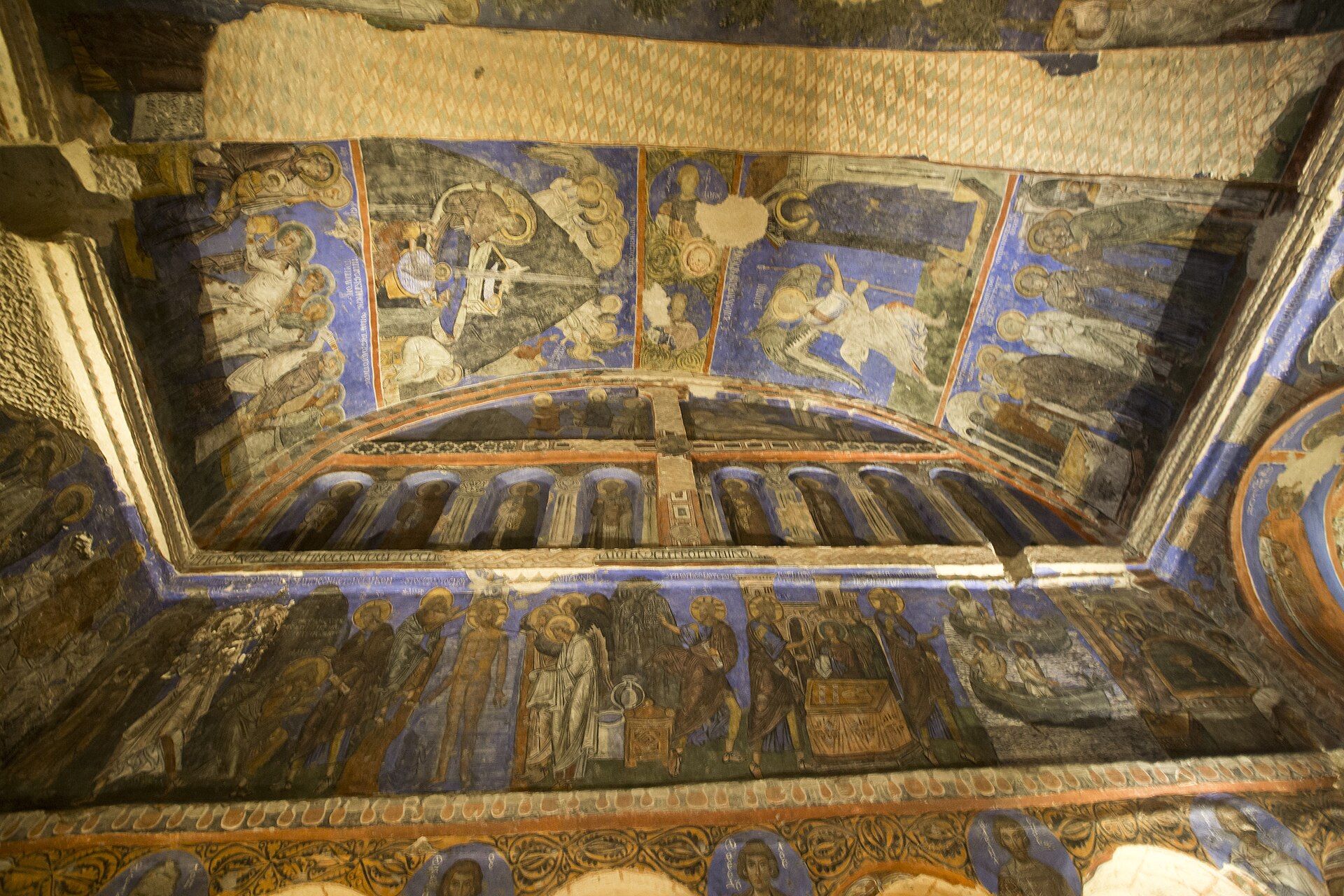 Byzantine fresco with blue background inside Tokalı Church, Göreme Open Air Museum