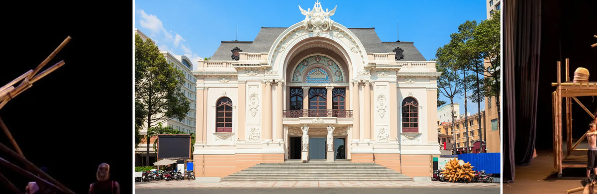 Saigon Opera House facade framed by photographs of A O Show performers