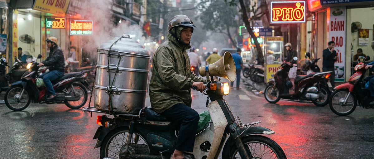 A street vendor selling bánh bao in Vietnam from a motorbike steamer