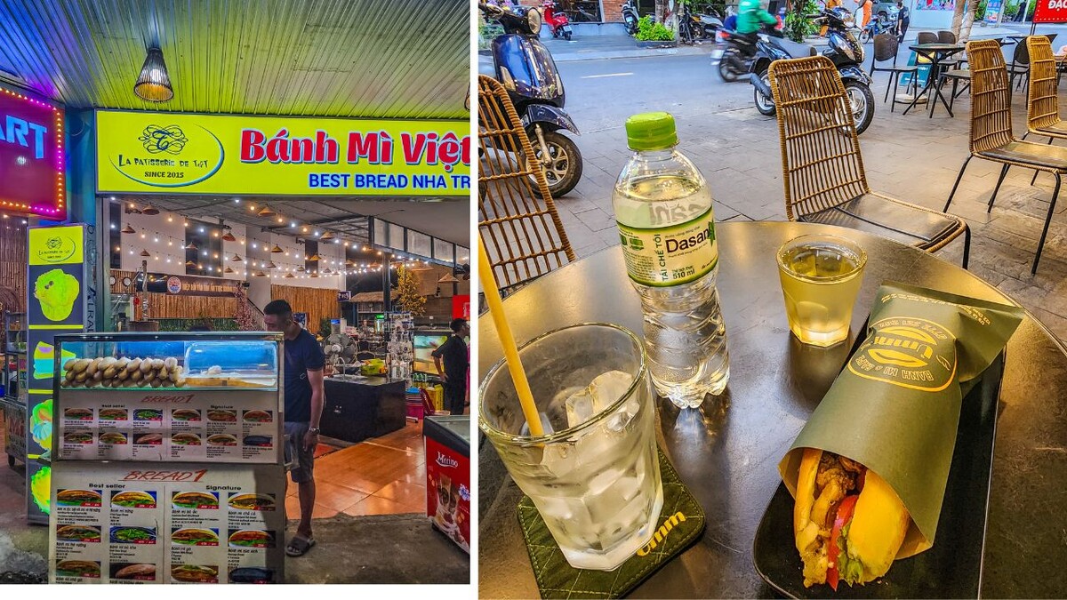 A fresh bánh mì in Vietnam, filled with pâté, cold cuts, pickled vegetables and herbs