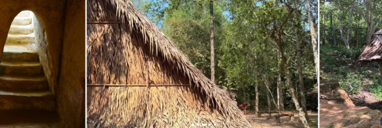 Cu Chi Tunnels stairway and thatched shelters in the forest near Ho Chi Minh City