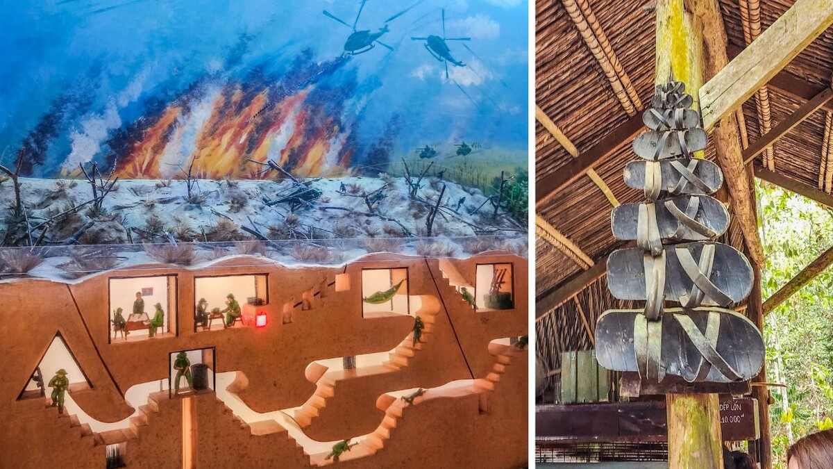 Cross-section model of the Cu Chi tunnel network and rubber sandals displayed under a thatched roof