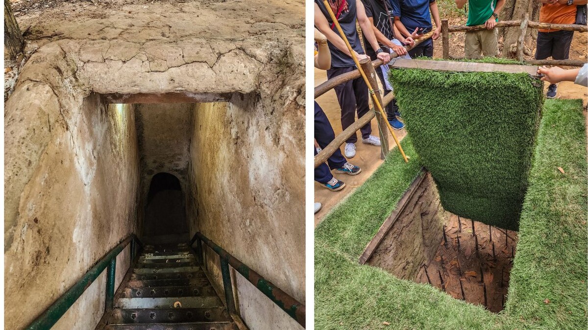 Cu Chi tunnel stairway and visitors watching a covered spike-trap demonstration