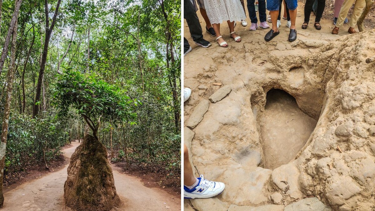 Forest path at Cu Chi and visitors gathered around a small tunnel opening
