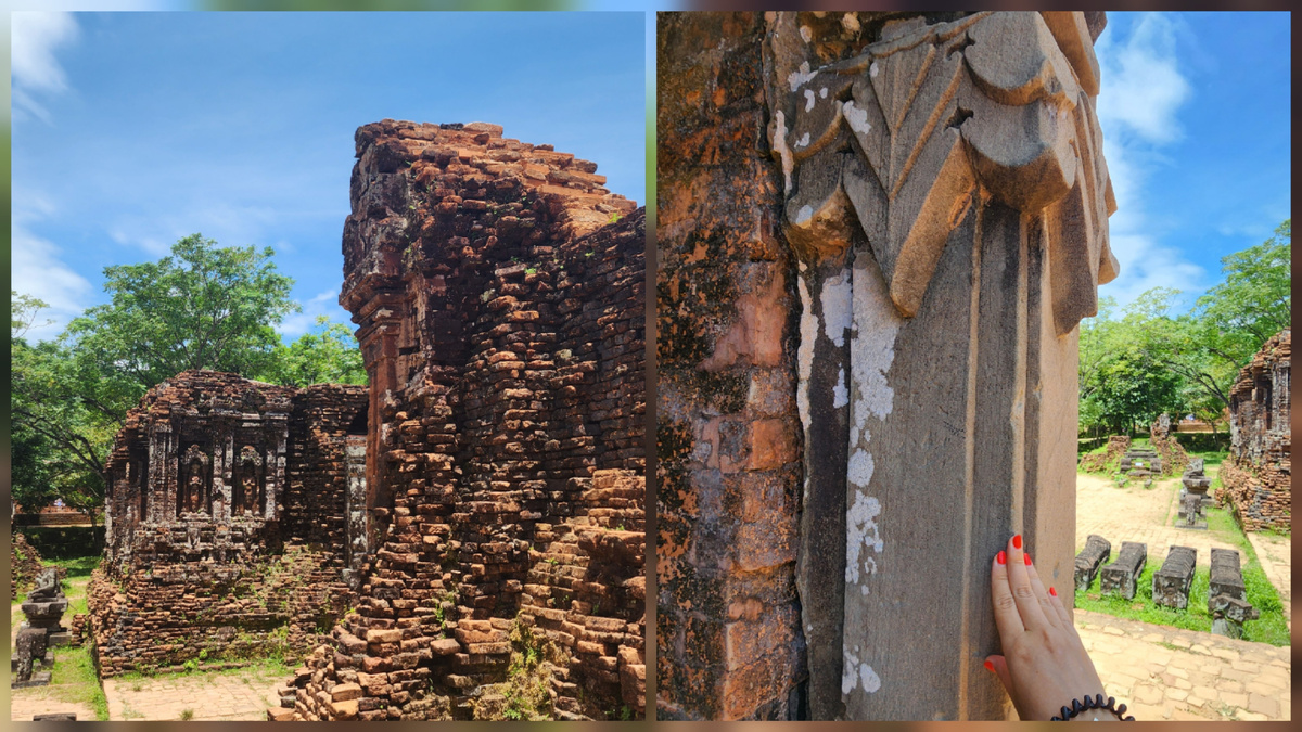 Weathered brick tower and carved architectural details at My Son