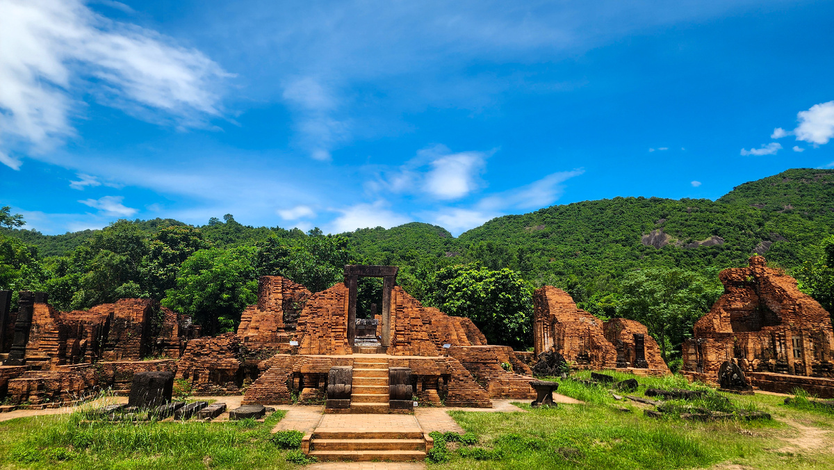 Red-brick temple ruins and steps at My Son Sanctuary in central Vietnam