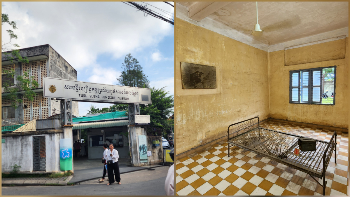 Entrance to Tuol Sleng Genocide Museum and a former classroom with a metal bed