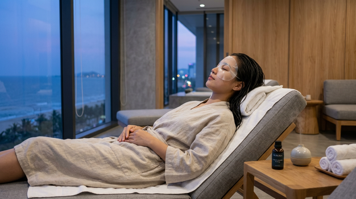 Woman reclining with a facial mask beside large sea-facing windows