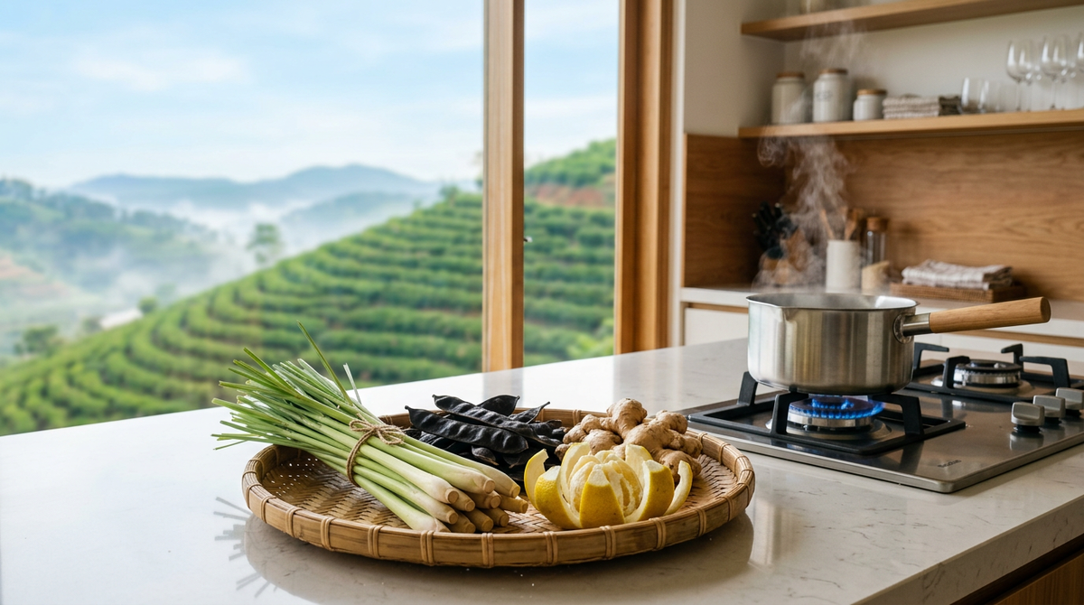 Lemongrass, ginger, citrus peel and pods beside a steaming pot
