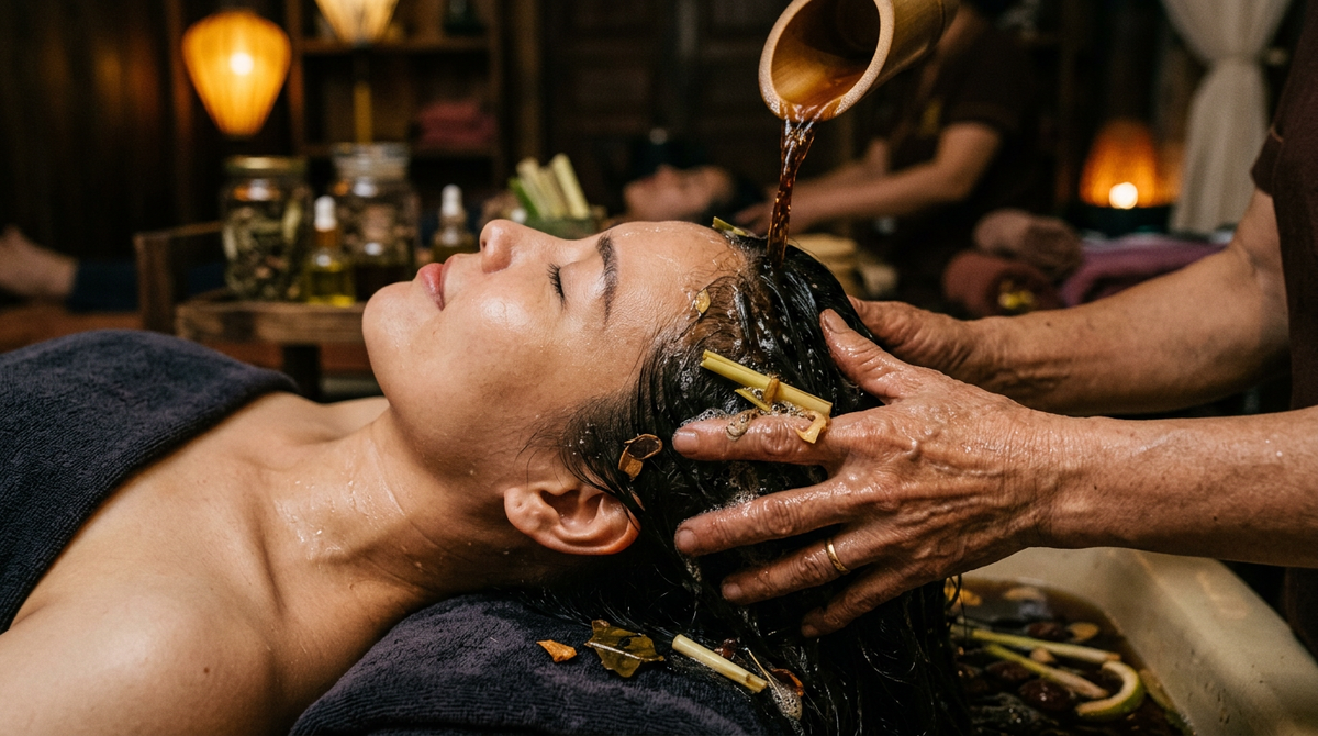 Herbal water poured over hair during a reclining head-spa treatment