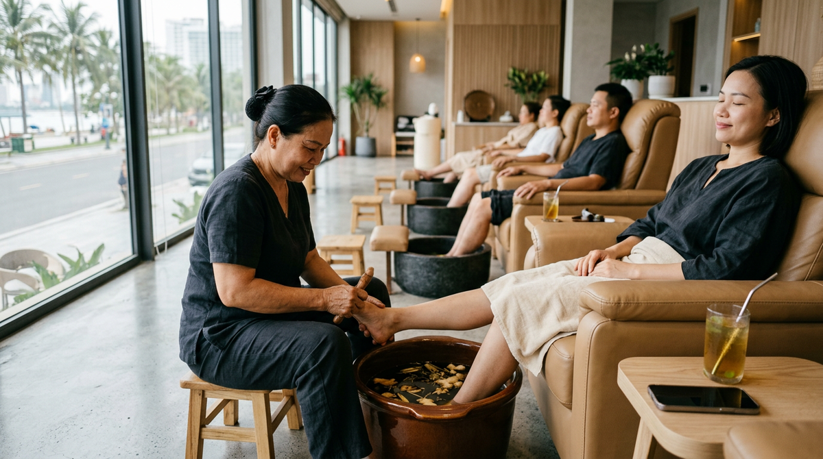 Foot massage in a salon with reclining chairs and wooden soaking tubs