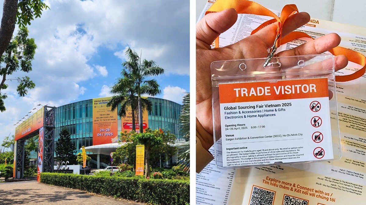 Trade visitor badge and outdoor signage at Global Sourcing Fair Vietnam 2025