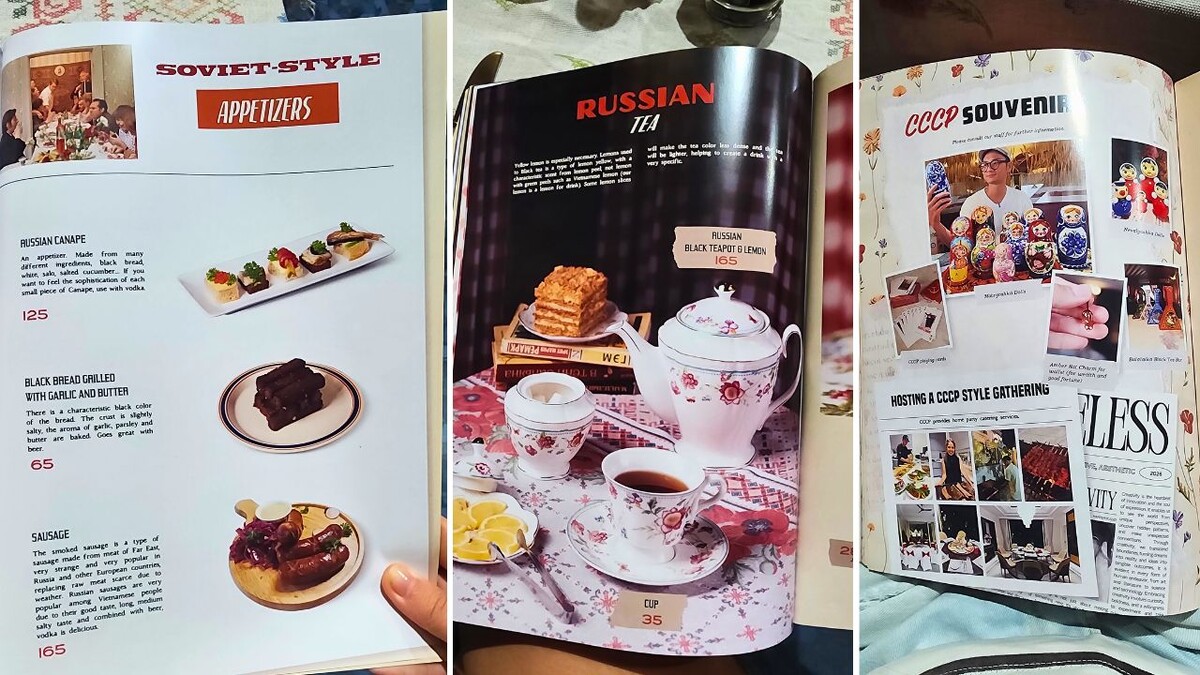 Russian dishes and illustrated pages in the CCCP Saigon restaurant menu