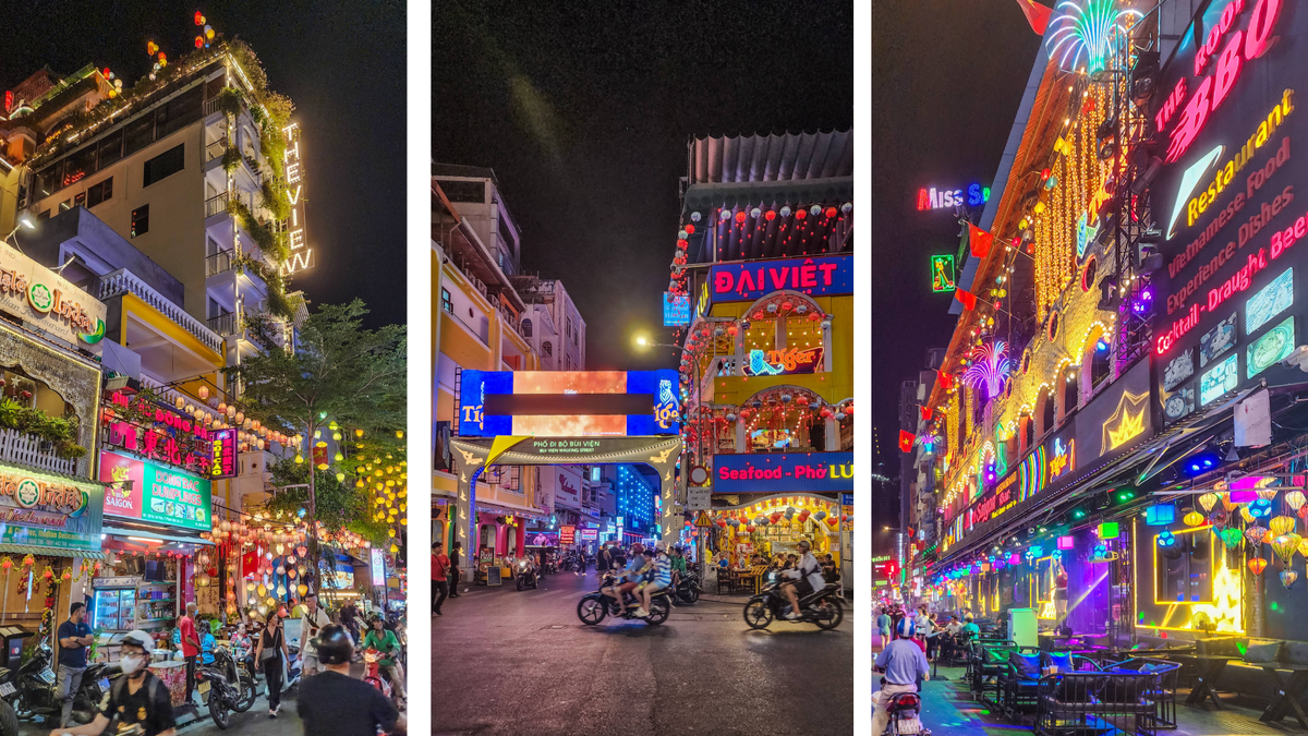 Bui Vien nightlife with neon signs and busy evening streets