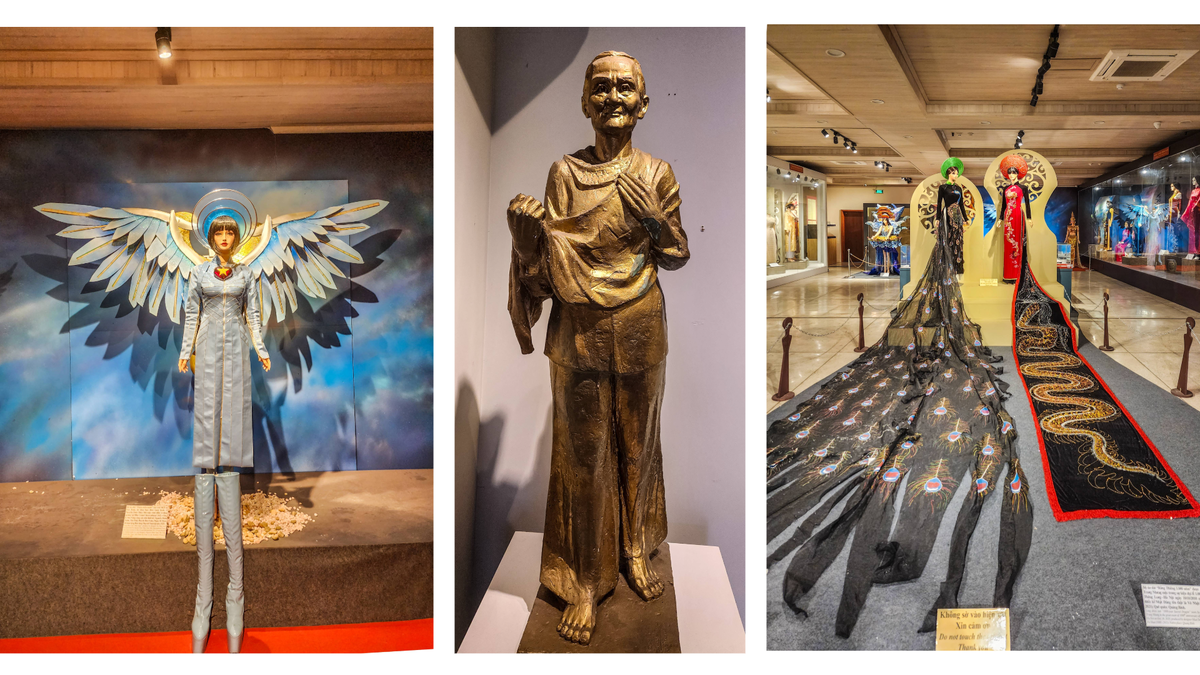 Historical artefacts and sculpture displayed in a Ho Chi Minh City museum